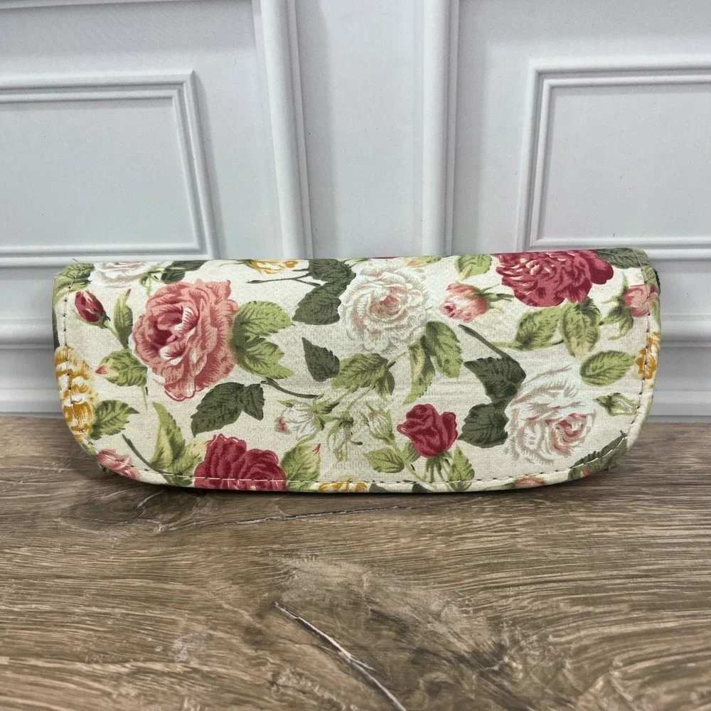Eyeglass Case Cream Red Floral Rose Print Fabric Padded Case